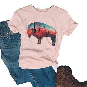 NWT Pink Western Buffalo Sunset Graphic Crew Tee